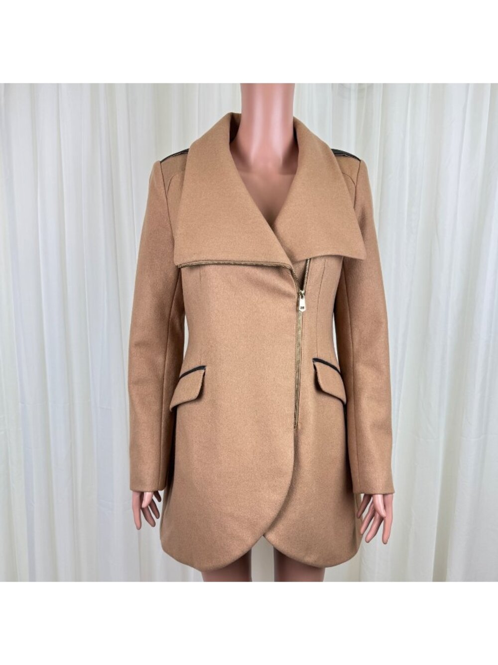 French Connection Asymmetrical Zip Wool Blend Tulip Coat Jacket Tan Sz 6